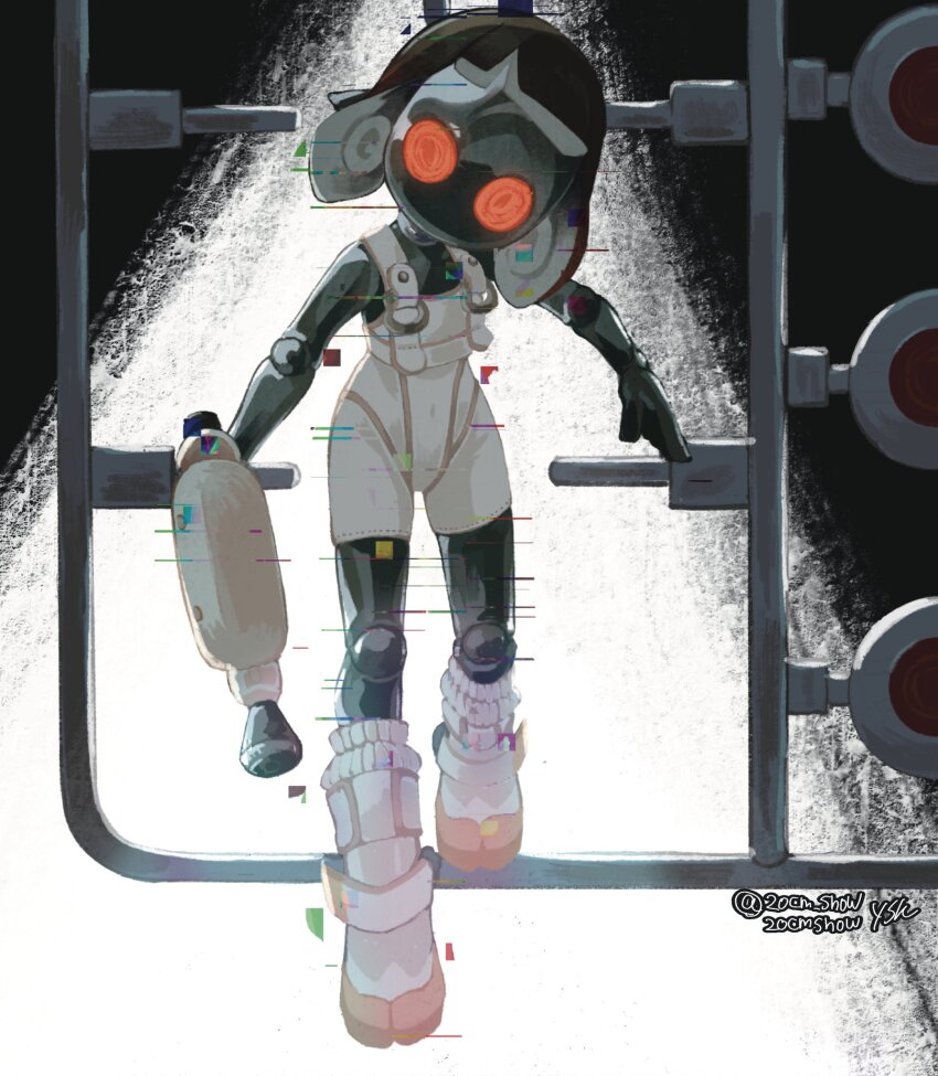 1girl, 20cm_snow, artist_name, black_background, bodysuit, colored_skin, full_body, glitch, grey_skin, gun, highres, holding, holding_gun, holding_weapon, jelleton, looking_at_viewer, nintendo, parallel_canon_(splatoon), red_eyes, shoes, sleeveless, sleeveless_bodysuit, socks, solo, splatoon_(series), splatoon_3, splatoon_3:_side_order, splattershot_(splatoon), sprue, standing, twitter_username, two-tone_background, weapon, white_background, white_bodysuit, white_shoes, white_socks