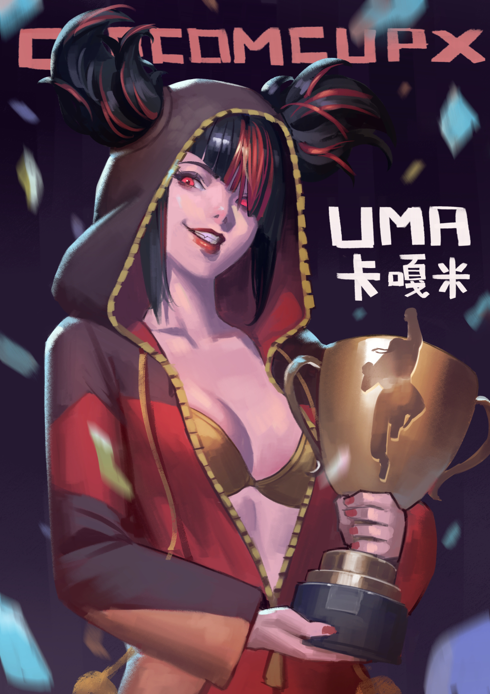1girl, alternate_color, asymmetrical_bangs, black_hair, bra, breasts, capcom_cup, commentary