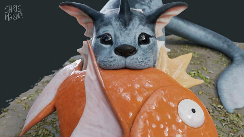 3d, animal_focus, artist_name, black_eyes, blender_(medium), carp, chris_masna, claws, close-up, closed_mouth, commentary, dirt, english_commentary, fins, fish, fish_in_mouth, fish_tail, full_body, gen_1_pokemon, grass, green_background, head_fins, highres, holding, magikarp, making-of_available, mouth_hold, nintendo, no_humans, on_ground, open_mouth, otter, pokemon, pokemon_(creature), predation, realistic, shiny_skin, signature, simple_background, standing, straight-on, tail, tongue, vaporeon, veins, whiskers, wide-eyed