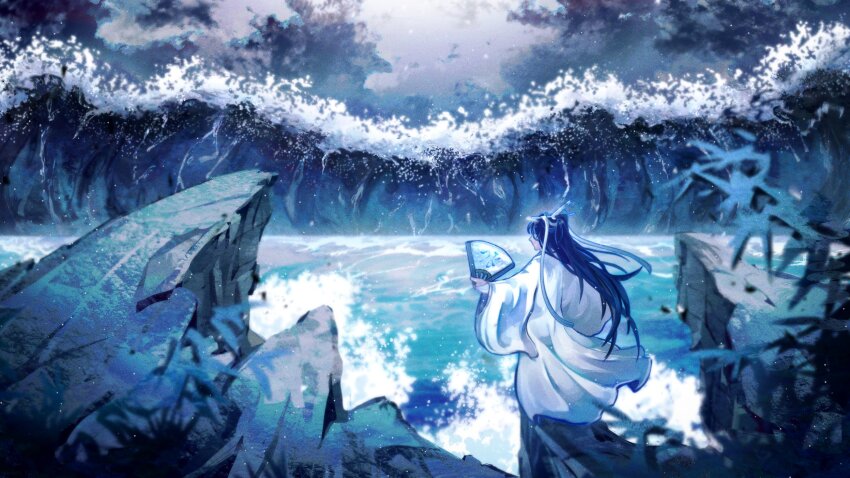 1boy, black_hair, blurry, chinese_clothes, depth_of_field, folding_fan, from_behind, grey_sky