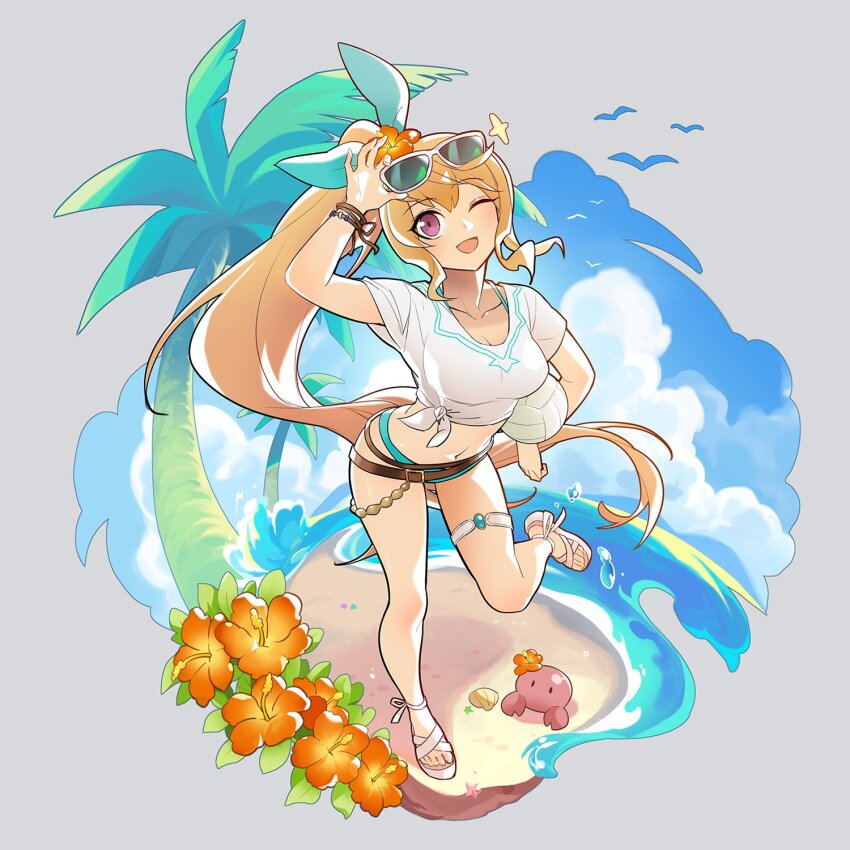 1girl, ;d, adjusting_eyewear, ball, beach, belt, bikini, blonde_hair, blue_bikini, breasts, brown_belt, cleavage, crab, dragalia_lost, elisanne, elisanne_(summer), eyewear_on_head, flower, full_body, highres, holding, holding_ball, long_hair, looking_at_another, medium_breasts, midriff, navel, ocean, official_alternate_costume, one_eye_closed, open_mouth, palm_tree, purple_eyes, sand, sandals, shirt, short_sleeves, side_ponytail, smile, sunglasses, swimsuit, thigh_strap, tied_shirt, tree, very_long_hair, volleyball_(object), water, white_footwear, white_shirt, xiafei97