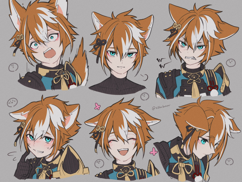 1boy, animal_ears, armor, blue_eyes, blush, brown_eyes, closed_mouth, dog_boy