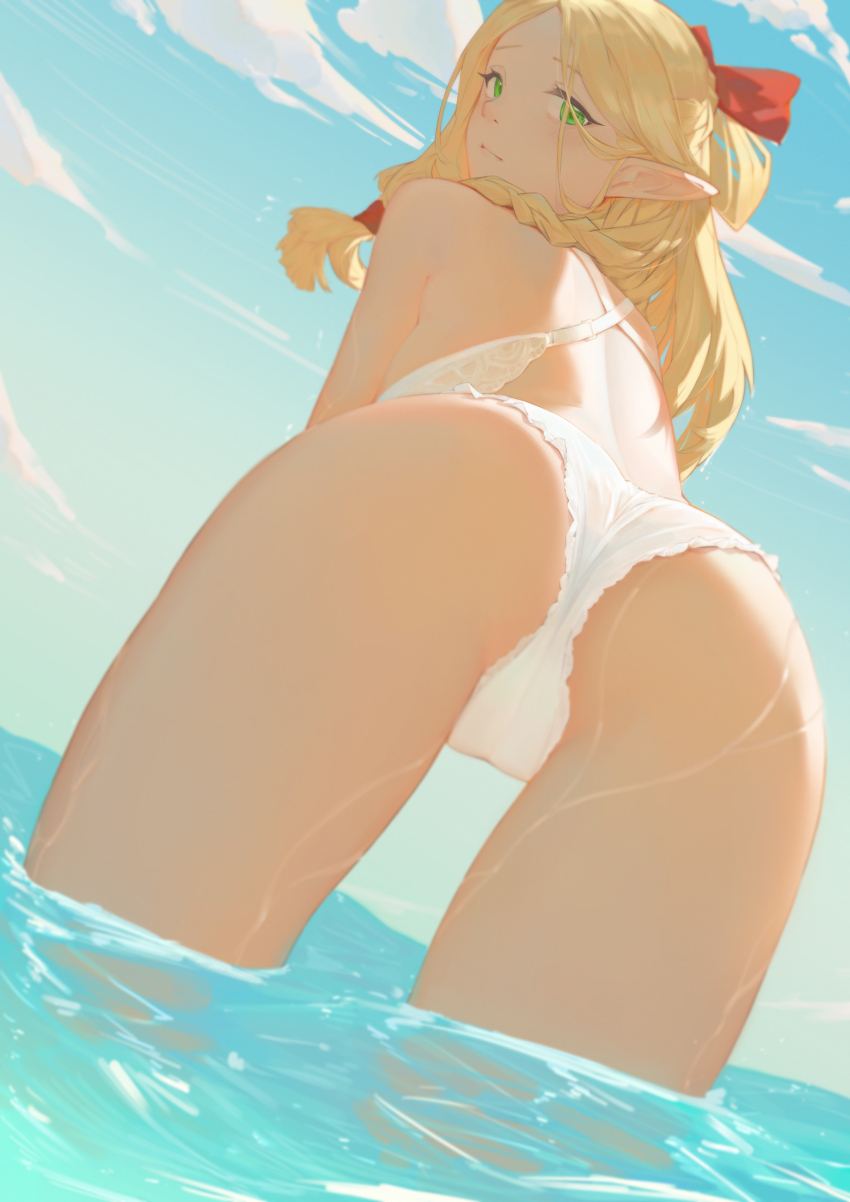 1girl, absurdres, ass, back, bent_over, bikini, blonde_hair, blue_sky, blush, braid, cameltoe, closed_mouth, cloud, cloudy_sky, day, dungeon_meshi, elf, from_behind, gravity-q, green_eyes, hair_around_ear, hair_ribbon, highres, horizon, leaning_forward, long_hair, looking_at_viewer, looking_back, marcille_donato, ocean, outdoors, pointy_ears, ribbon, sky, solo, standing, swimsuit, wading, water, wet, white_bikini