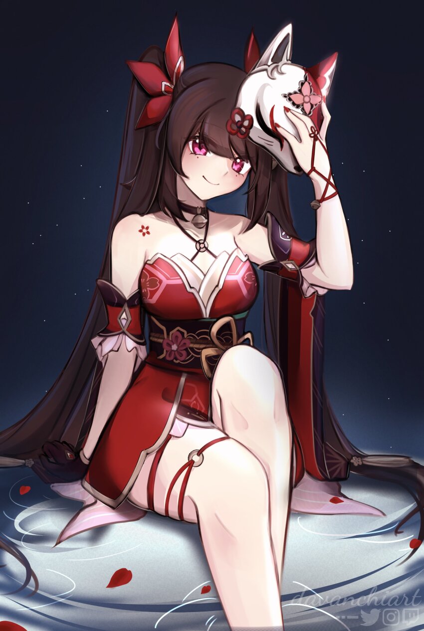 1girl, absurdres, bare_legs, bare_shoulders, bell, black_choker, black_gloves, blush