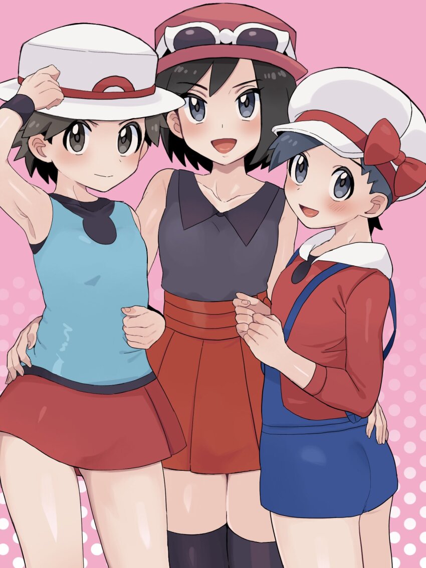 3boys, :d, blue_overalls, blush, brown_eyes, calem_(pokemon), closed_mouth, collarbone