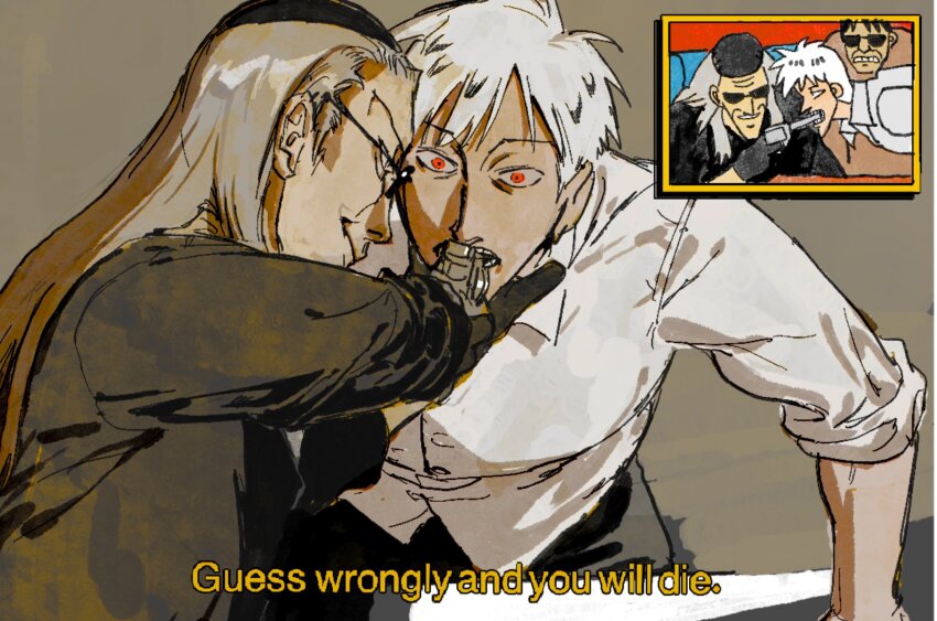 2boys, akagi:_yami_ni_oritatta_tensai, akagi_shigeru, black_coat, black_gloves, black_headwear, brown_background, buttons