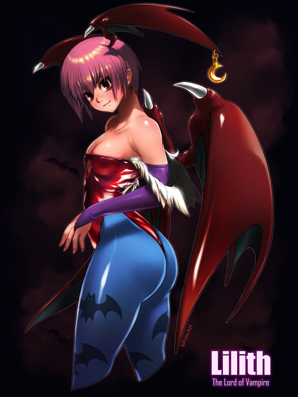 1girl, artist_name, ass, bat_wings, breasts, capcom, cleavage, demon_girl, from_side, highres, huge_ass, kainanp, legs, leotard, lilith_(darkstalkers), looking_at_viewer, pink_hair, red_eyes, seductive_gaze, seductive_smile, short_hair, small_breasts, smile, solo, thick_thighs, thighs, thong_leotard, darkstalkers, wings