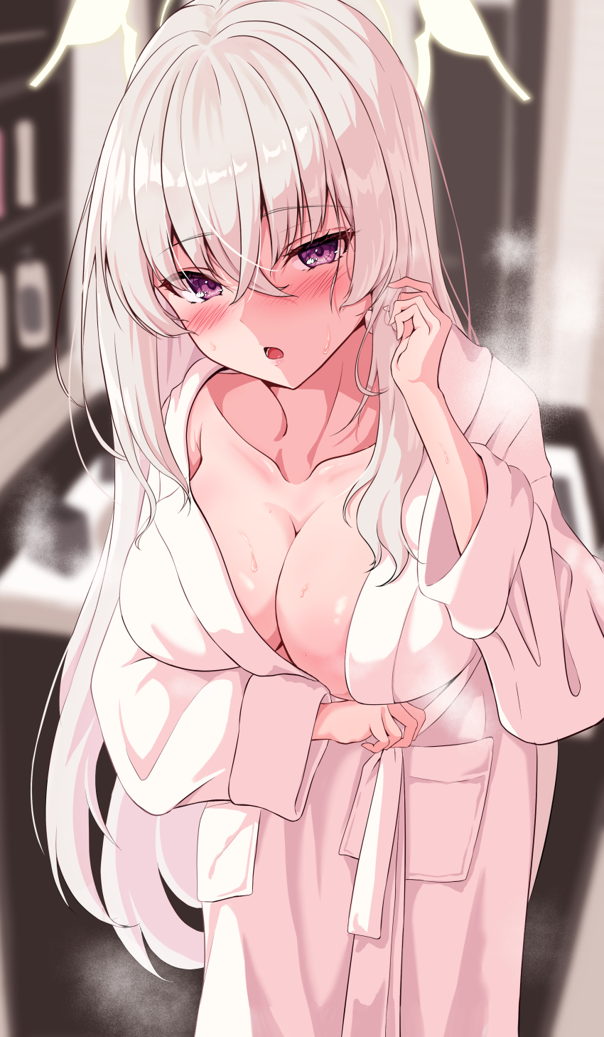 1girl, absurdres, bathrobe, blue_archive, blush, breasts, cleavage, collarbone
