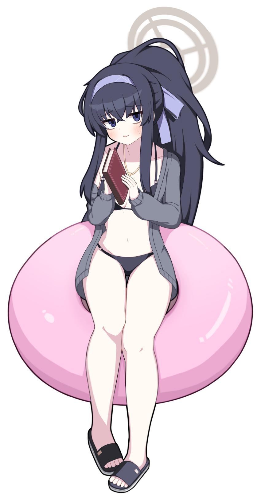 1girl, absurdres, bags_under_eyes, bikini, bikini_top_pull, bikini_under_clothes, black_bikini, black_hair, black_sandals, blue_archive, blue_eyes, blue_hairband, blush, book, cardigan, commentary_request, full_body, grey_cardigan, grey_jacket, hair_between_eyes, hairband, halo, highres, holding, holding_book, jacket, korean_commentary, long_hair, looking_at_viewer, o-ring, o-ring_bikini, o-ring_bottom, o-ring_top, off_shoulder, official_alternate_costume, open_cardigan, open_clothes, parted_lips, ponytail, purple_hairband, sandals, simple_background, solo, sprout_(haji_s), swimsuit, ui_(blue_archive), ui_(swimsuit)_(blue_archive), very_long_hair, white_background, yellow_halo