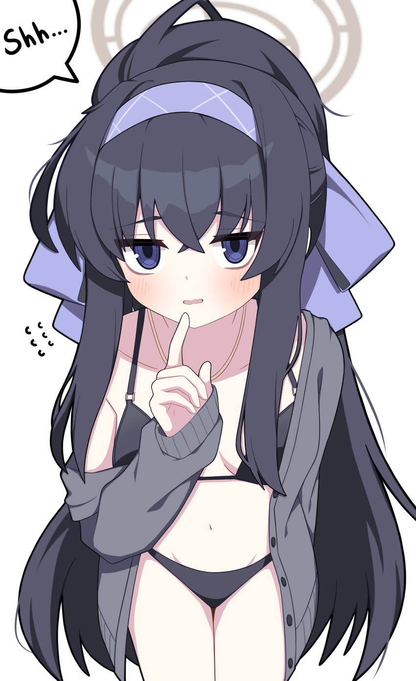 1girl, absurdres, bags_under_eyes, bikini, bikini_under_clothes, black_bikini, black_hair, blue_archive