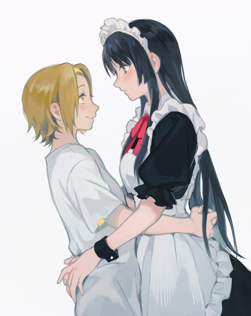 2girls, akiyama_mio, alternate_costume, apron, black_dress, black_eyes, black_hair, black_wrist_cuffs