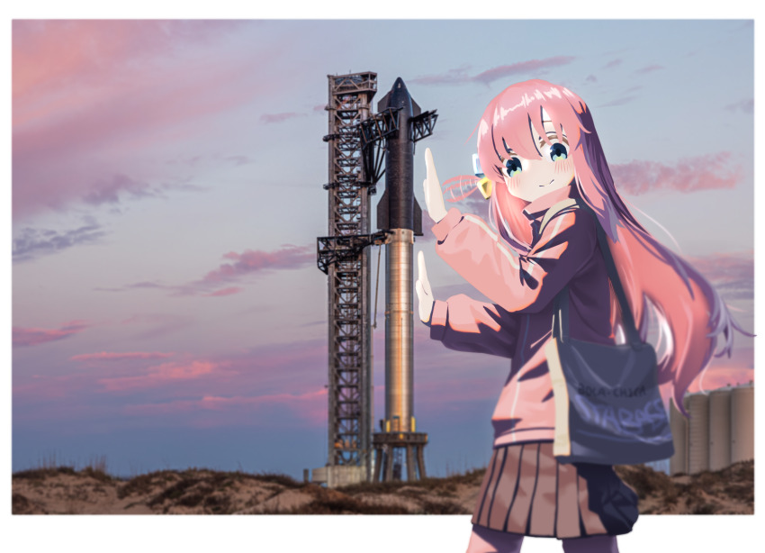 1girl, bag, black_skirt, blue_eyes, bocchi_the_rock!, border, commentary, cowboy_shot