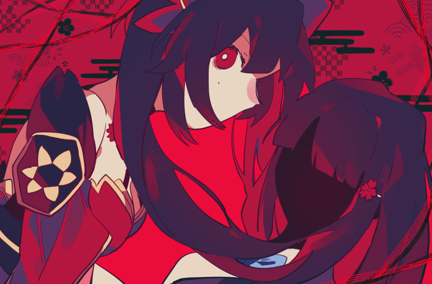 2girls, black_jacket, blue_ribbon, dress, dual_persona, egasumi, faceless, faceless_female, facing_viewer, floating_hair, from_side, hair_between_eyes, highres, honkai:_star_rail, honkai_(series), jacket, long_hair, looking_at_viewer, multiple_girls, neck_ribbon, peko_teupel, portrait, profile, red_background, red_dress, red_eyes, red_theme, ribbon, seigaiha, sidelocks, sideways_glance, simple_background, sleeveless, sleeveless_dress, sparkle_(honkai:_star_rail), straight_hair, twintails