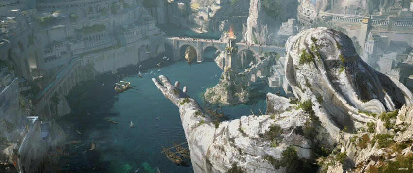 absurdres, bird, bridge, canyon, city, cliff, fantasy, fire