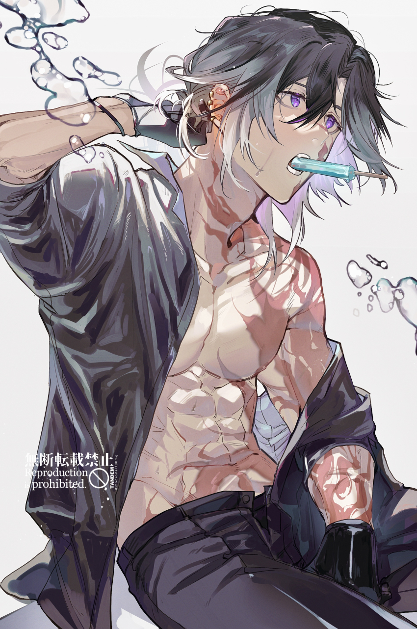 1boy, abs, absurdres, air_bubble, arm_at_side, artist_name, black_gloves, black_hair, black_male_underwear, black_pants, black_shirt, bubble, burn_scar, ear_piercing, facial_scar, fang, food, food_in_mouth, gloves, gradient_hair, hair_between_eyes, hand_up, highres, jikkyuu_mitsutada, looking_ahead, male_focus, male_underwear, mouth_hold, multicolored_hair, muscular, muscular_male, nipples, off_shoulder, open_clothes, open_shirt, pants, partially_unbuttoned, pectorals, piercing, popsicle, popsicle_in_mouth, purple_eyes, scar, scar_on_arm, scar_on_cheek, scar_on_chest, scar_on_face, scar_on_hip, scar_on_neck, scar_on_nose, scar_on_shoulder, scar_on_stomach, shirt, short_hair, simple_background, sitting, solo, sweat, tandem, touken_ranbu, twitter_username, two-tone_hair, underwear, white_background, white_hair