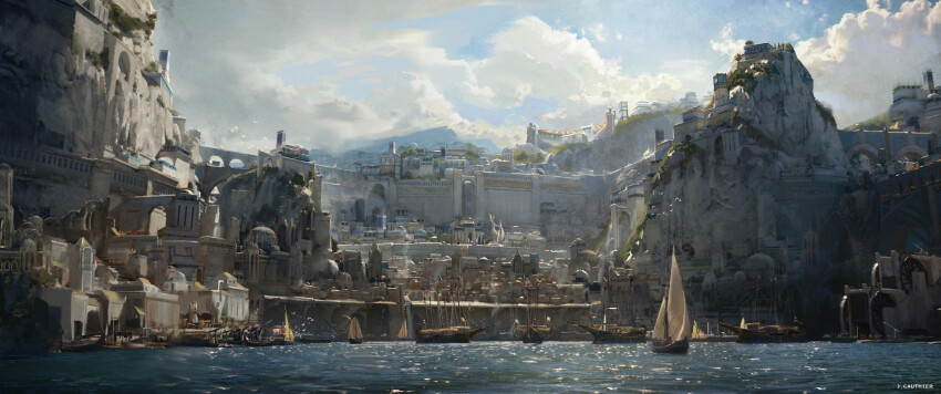 absurdres, boat, city, cliff, dock, fantasy, gate, highres