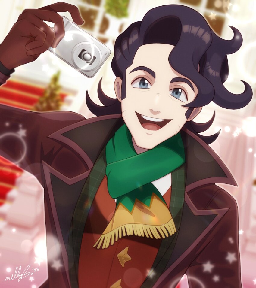 black_hair, blurry, blurry_background, brown_gloves, camera, gloves, green_scarf, grey_eyes