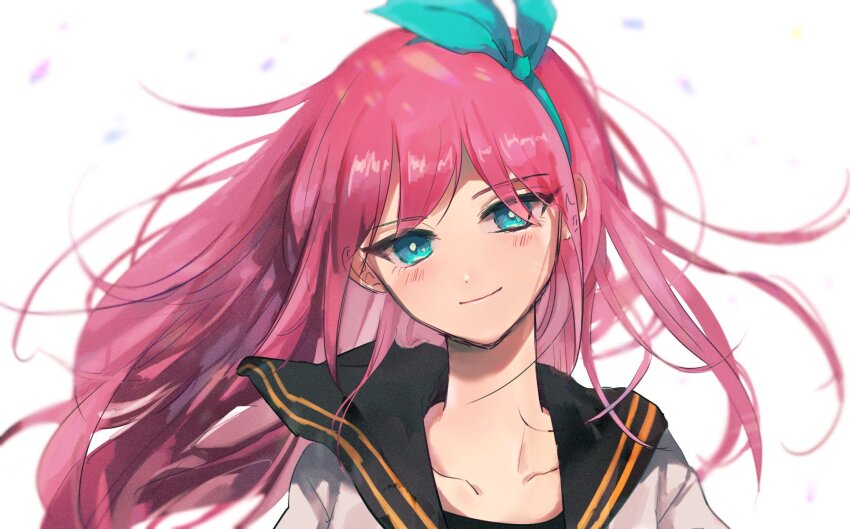 1girl, aqua_eyes, aqua_hairband, aubrey_(faraway)_(omori), aubrey_(omori), black_sailor_collar, black_shirt, blush, bright_pupils, closed_mouth, collarbone, dancing_omochi, hairband, highres, jacket, long_hair, looking_at_viewer, omori, open_clothes, open_jacket, pink_hair, portrait, sailor_collar, shirt, smile, solo, upper_body, white_background, white_jacket, white_pupils