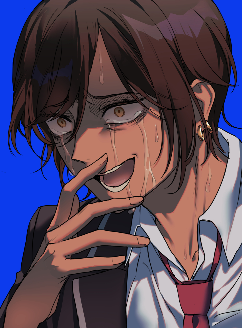1girl, bbang_bread, blue_background, brown_eyes, brown_hair, brown_jacket, collared_shirt, crying, crying_with_eyes_open, dark-skinned_female, dark_skin, earrings, formal_clothes, highres, jacket, jewelry, limbus_company, long_sleeves, multiple_earrings, necktie, open_mouth, outis_(project_moon), project_moon, red_necktie, shirt, short_hair, simple_background, solo, sweat, tears, white_shirt