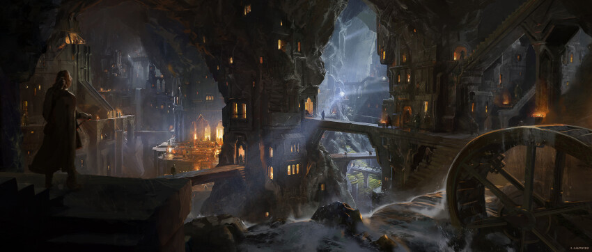 absurdres, bridge, cave, city, city_lights, cloak, dwarf, fantasy, from_behind, hand_on_hilt, highres, khazad-dum, mine_(place), multiple_boys, official_art, renart, rings_of_power, river, scenery, stairs, tolkien's_legendarium, underground, water_wheel, watermark