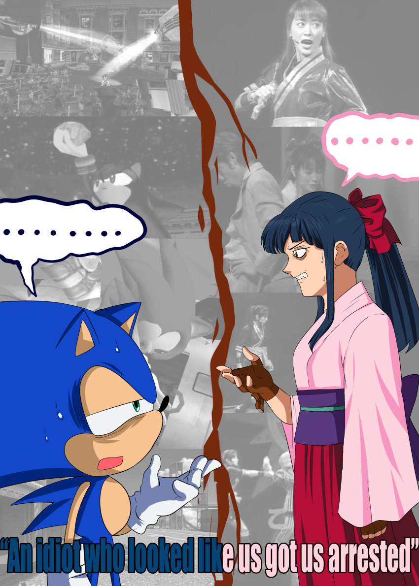 ..., 1boy, 1girl, absurdres, annoyed, blue_hair, breasts, brown_eyes, clenched_teeth, crossover, doppleganger, english_text, fingerless_gloves, flashback, from_side, gloves, green_eyes, hair_ribbon, highres, japanese_clothes, legs, long_hair, long_skirt, medium_breasts, open_mouth, ponytail, ribbon, sakura_taisen, scene_reference, sega, shadow_the_hedgehog, shinguuji_sakura, shinzankuro, sideboob, skirt, sonic_(series), sonic_the_hedgehog, sweatdrop, teeth, thighs