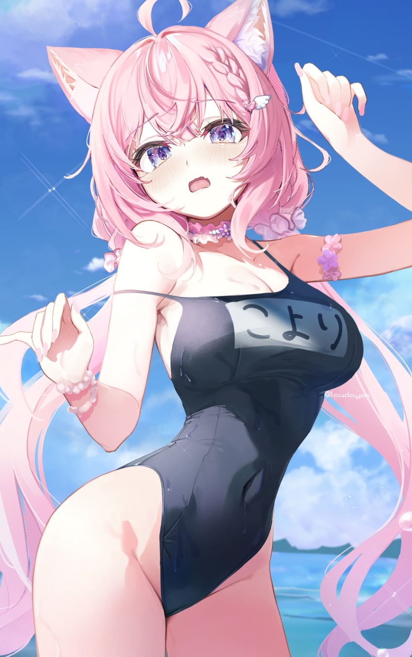 1girl, absurdres, ahoge, animal_ears, black_one-piece_swimsuit, blue_sky, breasts, commentary_request