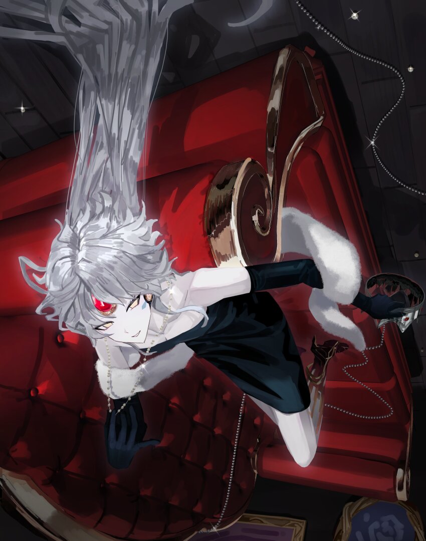 1girl, absurdres, alternate_costume, android, black_dress, black_gloves, code:_antithese_(elsword), collarbone