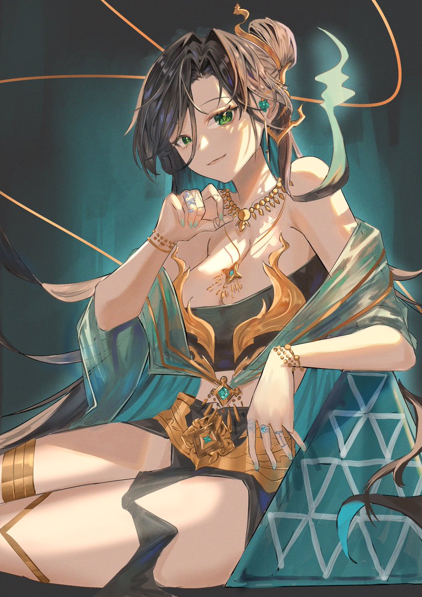 1girl, algorhythm_project, black_hair, breasts, cape, crop_top, evalia_(algorhythm_project), green_eyes, hair_ornament, jewelry, kongka_(endless_echo), medium_breasts, midriff, shiraki_art, shorts, smile, solo, thai_clothes, virtual_youtuber