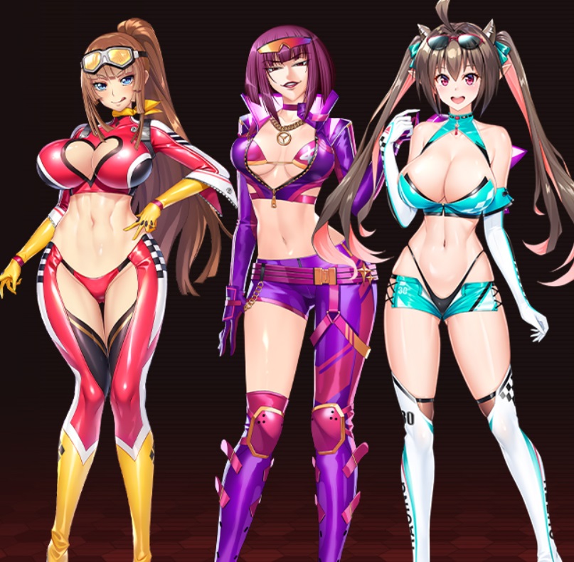 3girls, alternate_costume, alternate_hairstyle, aoi_nagisa_(metalder), asahi, bikini, bikini_under_clothes, blue_eyes, breasts, brown_hair, cleavage_cutout, clothing_cutout, curvy, hand_on_own_hip, high_ponytail, horns, huge_breasts, kagami_hirotaka, koukawa_asuka, large_breasts, lilith-soft, long_hair, multicolored_hair, multiple_girls, oboro_(taimanin_asagi), official_alternate_costume, official_alternate_hairstyle, pink_eyes, pink_hair, pointy_ears, ponytail, race_queen, rina_(taimanin_asagi), shirt, skirt, smile, standing, sunglasses_on_head, swimsuit, taimanin_(series), thong, thong_bikini, twintails, very_long_hair, white_shirt, wide_hips