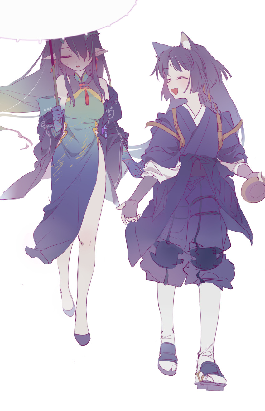 2girls, :d, absurdres, animal_ears, arknights, bare_shoulders, black_hair, black_kimono