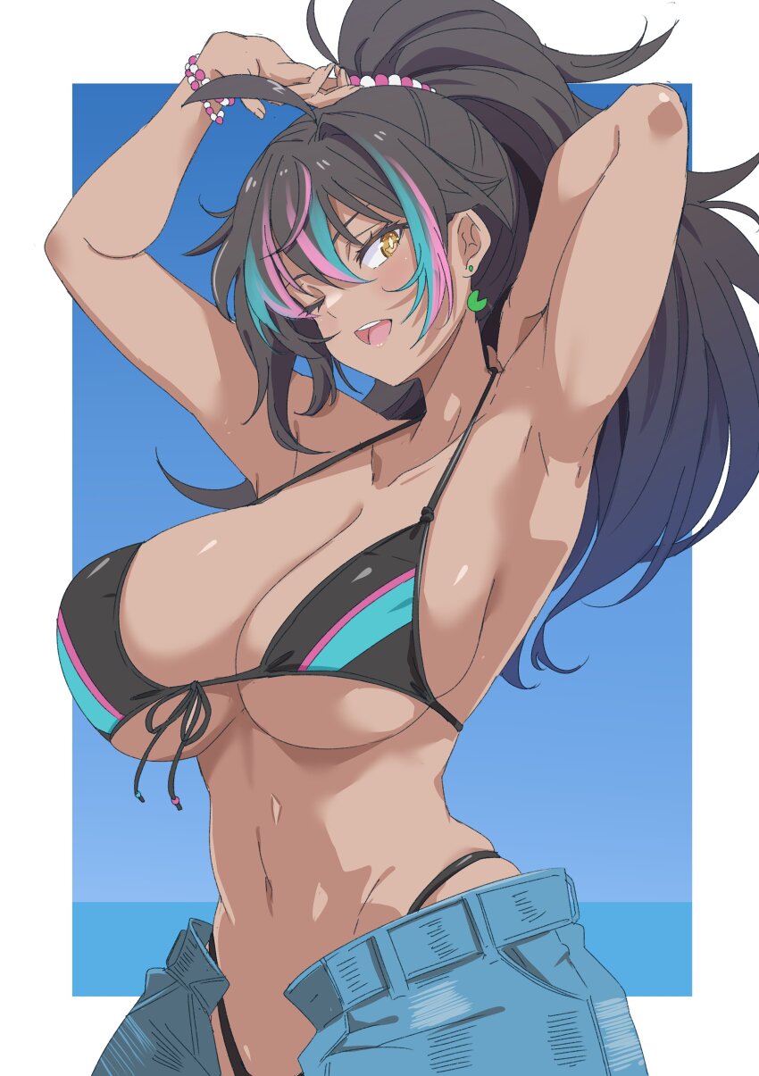 1girl, absurdres, aqua_hair, arm_behind_head, armpits, bikini, black_bikini, black_hair