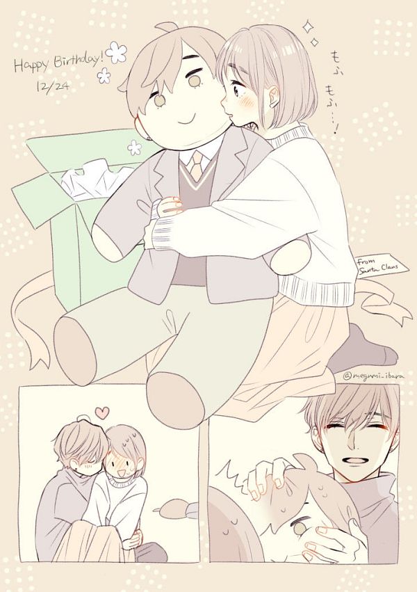 1boy, 1girl, ahoge, arms_up, blonde_hair, brown_hair, closed_mouth, grey_sweater