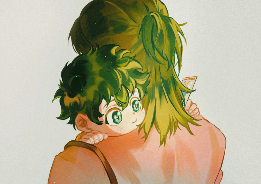 1boy, 1girl, all_might, boku_no_hero_academia, bright_pupils, carrying, child_carry, commentary_request, freckles, from_behind, green_eyes, green_hair, grey_background, highres, light_particles, medium_hair, messy_hair, midoriya_inko, midoriya_izuku, mother_and_child, mother_and_son, parent_and_child, serein, short_hair, sidelighting, smile, upper_body