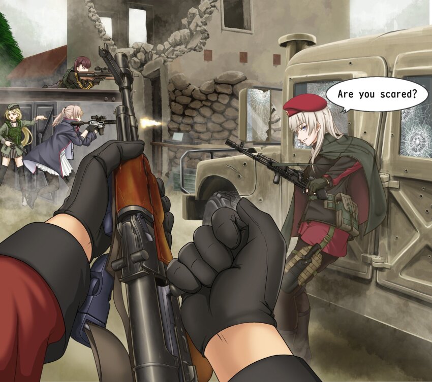1other, 4girls, aiming, ak-74m, ak74m_(girls'_frontline), akm, ar-15, assault_rifle