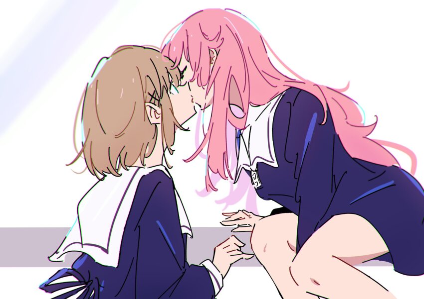 2girls, atenaba, blue_dress, blue_eyes, brown_hair, closed_eyes, commentary_request, dress