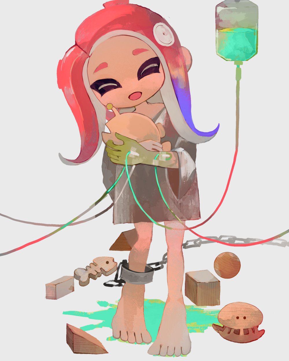 1girl, barefoot, blue_hair, chain, chained_legs, closed_eyes, colored_skin, commentary, full_body, gradient_hair, green_skin, grey_shirt, head_tilt, highres, intravenous_drip, li04r, long_hair, multicolored_hair, nintendo, octoling, octoling_girl, octoling_player_character, open_mouth, red_hair, shirt, simple_background, solo, splatoon_(series), standing, tentacle_hair, thick_eyebrows, toy, two-tone_hair, white_background