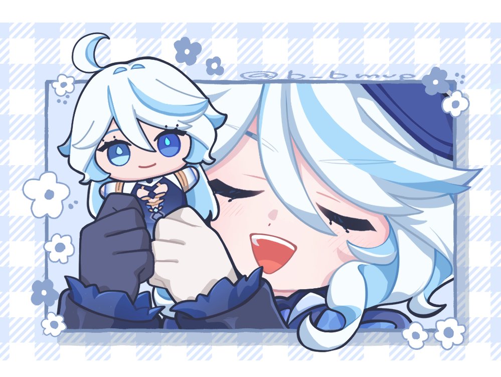 1girl, :d, artist_name, asymmetrical_gloves, b_bmvp, black_gloves, blue_background, blue_flower