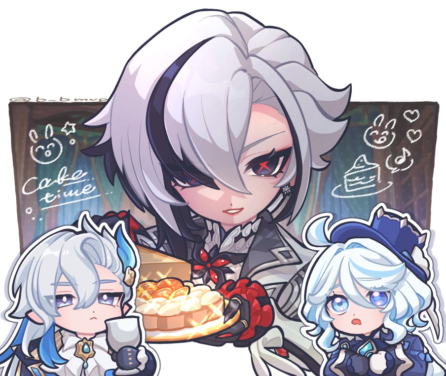 1boy, 2girls, :<, :o, ahoge, arlecchino_(genshin_impact), artist_name, ascot, asymmetrical_bangs, asymmetrical_gloves, b_bmvp, black_eyes, black_gloves, black_hair, black_nails, black_skin, blue_coat, blue_eyes, blue_gloves, blue_hair, blue_headwear, blue_jacket, blush, brooch, cake, cake_slice, chalice, chibi, closed_mouth, coat, colored_skin, commentary_request, crossed_bangs, cup, curtains, drooling, earrings, eyelashes, fingernails, food, frilled_sleeves, frills, furina_(genshin_impact), genshin_impact, gloves, grey_jacket, hair_between_eyes, hair_intakes, hair_ornament, hand_up, hands_up, hat, heart, heterochromia, holding, holding_cup, holding_plate, jacket, jewelry, lapels, long_fingernails, long_hair, long_sleeves, looking_at_viewer, mismatched_gloves, mouth_drool, multicolored_hair, multiple_girls, multiple_rings, neuvillette_(genshin_impact), open_mouth, outline, parted_bangs, parted_lips, plate, pointy_ears, purple_eyes, red_nails, red_pupils, ring, sharp_fingernails, short_hair, sidelocks, smile, sparkle, star_(symbol), streaked_hair, swept_bangs, symbol-shaped_pupils, tilted_headwear, top_hat, twitter_username, upper_body, white_ascot, white_gloves, white_hair, white_outline, window, x-shaped_pupils