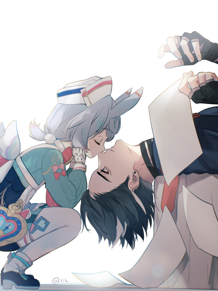 1boy, 1girl, apron, artist_name, bandaged_hand, bandaged_neck, bandages, black_footwear, black_hair, black_shirt, blue_hair, bow, bowtie, child, closed_eyes, closed_mouth, dress, ear_piercing, earrings, expressionless, fingernails, from_side, full_body, genshin_impact, gloves, green_dress, hair_ornament, hands_up, hat, hetero, highres, holding, holding_paper, jewelry, kiss, kissing_nose, light_blue_hair, long_sleeves, looking_at_another, low_twintails, multicolored_hair, necktie, nurse_cap, pantyhose, paper, piercing, pom_pom_(clothes), pom_pom_hair_ornament, purple_eyes, red_bow, red_bowtie, red_necktie, scar, shirt, sigewinne_(genshin_impact), simple_background, squatting, streaked_hair, tanuki_nishi, twintails, twitter_username, upper_body, white_apron, white_background, white_gloves, white_headwear, white_pantyhose, wriothesley_(genshin_impact)