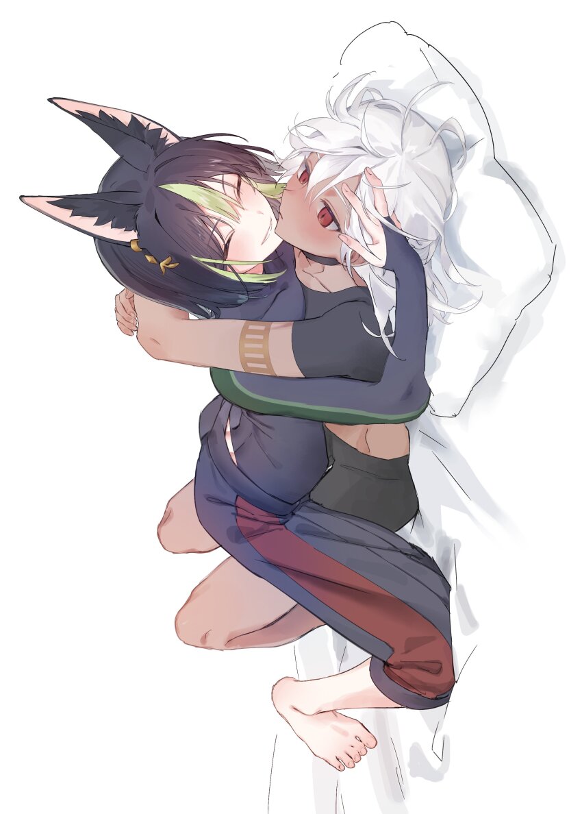 2boys, absurdres, animal_ear_fluff, animal_ears, barefoot, bed, black_choker, black_hair