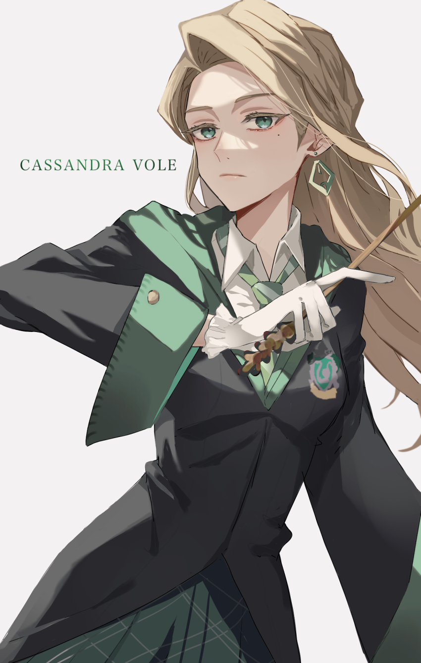 1girl, blonde_hair, cassandra_vole, character_name, closed_mouth, commentary_request, earrings, green_eyes, harry_potter:_magic_awakened, harry_potter_(series), hat, highres, hogwarts_school_uniform, holding, holding_wand, jewelry, long_hair, looking_at_viewer, mole, mole_under_eye, rurui_(jac7860), school_uniform, simple_background, slytherin, solo, wand, white_background, wizard_hat, wizarding_world