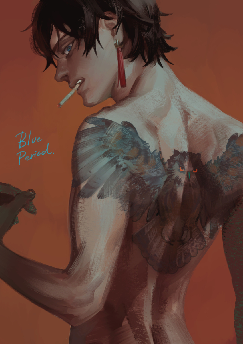 1boy, akakokko_(niro_azarashi), arm_at_side, back, back_tattoo, bird_tattoo, black_hair, blue_eyes, blue_period, cigarette, clenched_hand, copyright_name, earrings, faux_traditional_media, from_behind, highres, jewelry, looking_back, male_focus, mouth_hold, murai_yakumo, orange_background, short_hair, solo, tassel, tassel_earrings, tattoo, teeth_hold, topless_male
