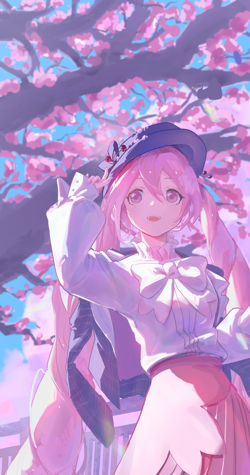 1girl, absurdres, blue_sky, blush, bow, cherry_blossoms, cloud, curly_hair