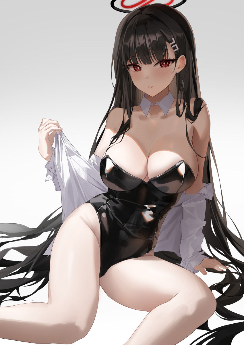 absurdres, black_hair, blue_archive, blunt_bangs, blush, breasts, detached_collar, halo