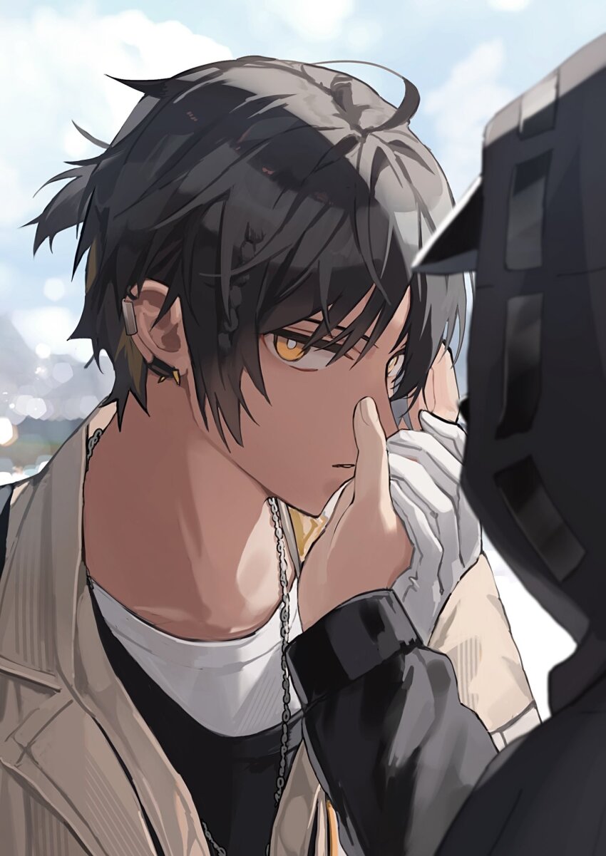 1boy, 1other, ahoge, ambiguous_gender, arknights, bishounen, black_coat, black_hair