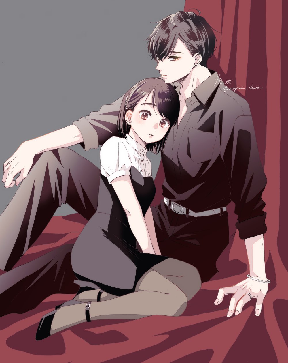 1boy, 1girl, black_dress, bracelet, brown_eyes, brown_hair, dress, earrings