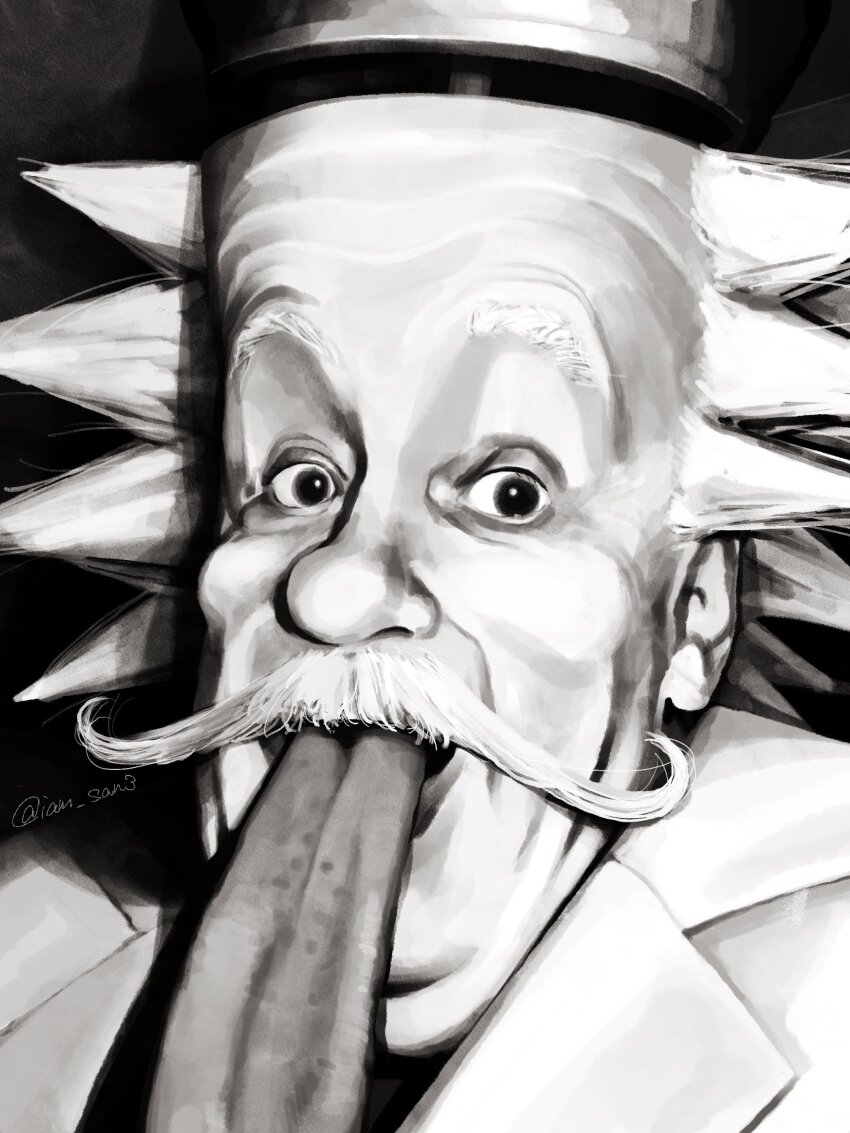 1boy, absurdres, albert_einstein, bald, derivative_work, dr._vegapunk, greyscale, highres