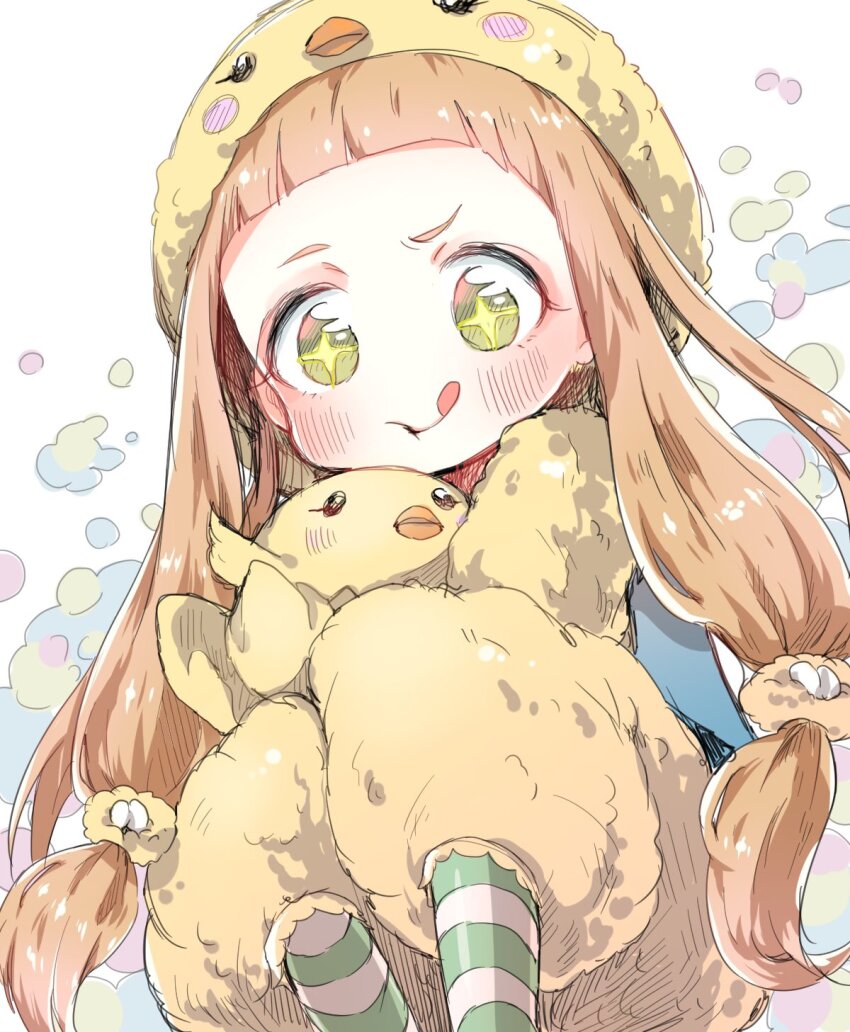 +_+, 1girl, animal_costume, animal_hood, baby_animal, bird, blunt_bangs, blush
