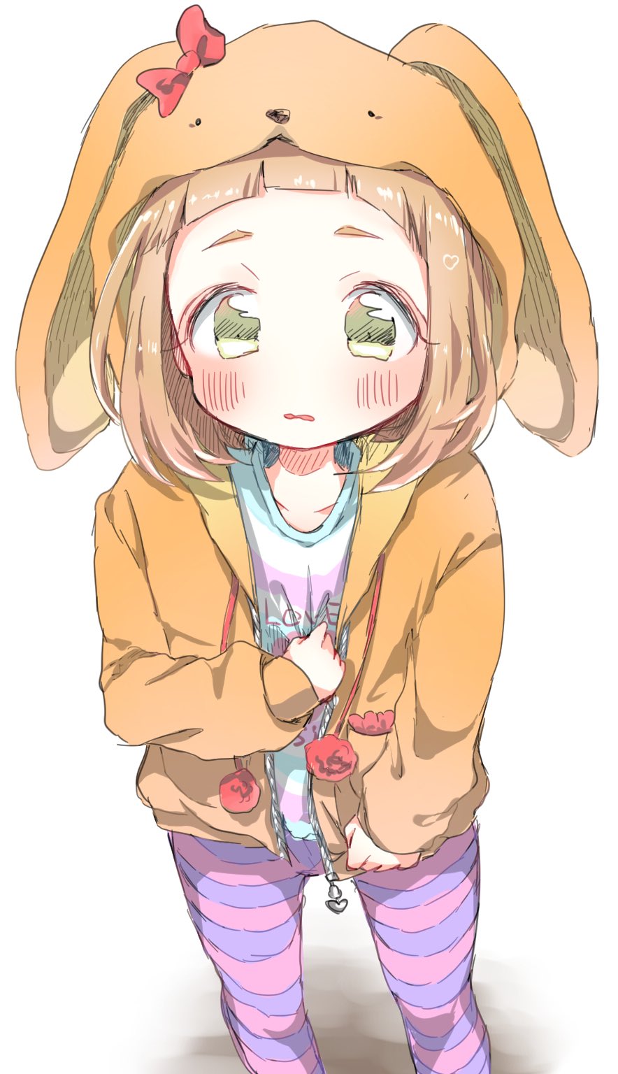 1girl, alternate_hairstyle, animal_hood, blue_shirt, blunt_bangs, blush, clenched_hands, collarbone