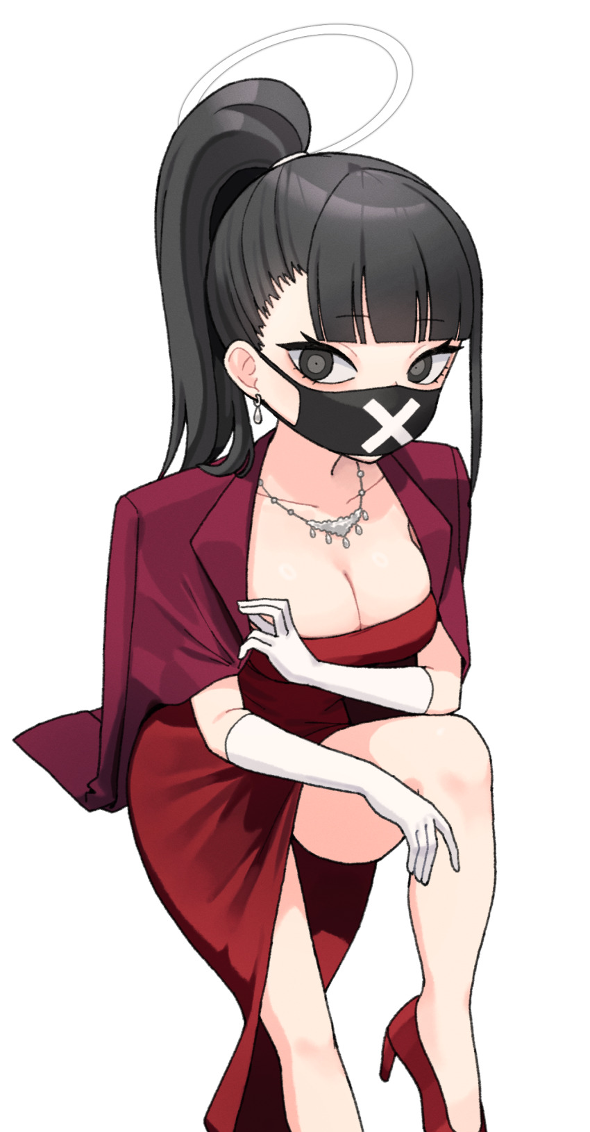 1girl, 28_(282teeth), absurdres, alternate_costume, aru_(blue_archive), aru_(blue_archive)_(cosplay), aru_(dress)_(blue_archive), black_eyes